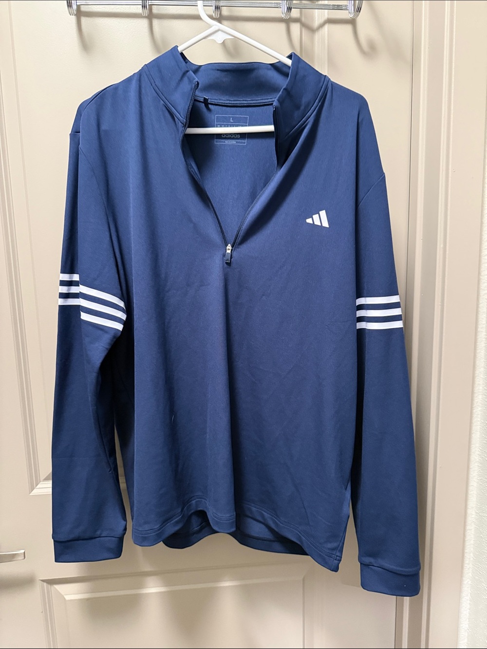 adidas Navy Half-Zip Pullover with White Sleeve Stripes